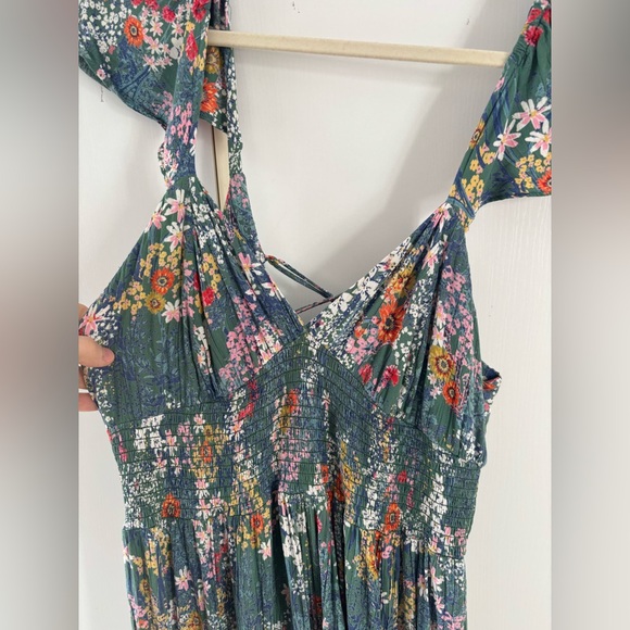 Vintage Multicolore Floral Green Midi Dress Large Slit Tied back Cottagecore - Picture 4 of 12